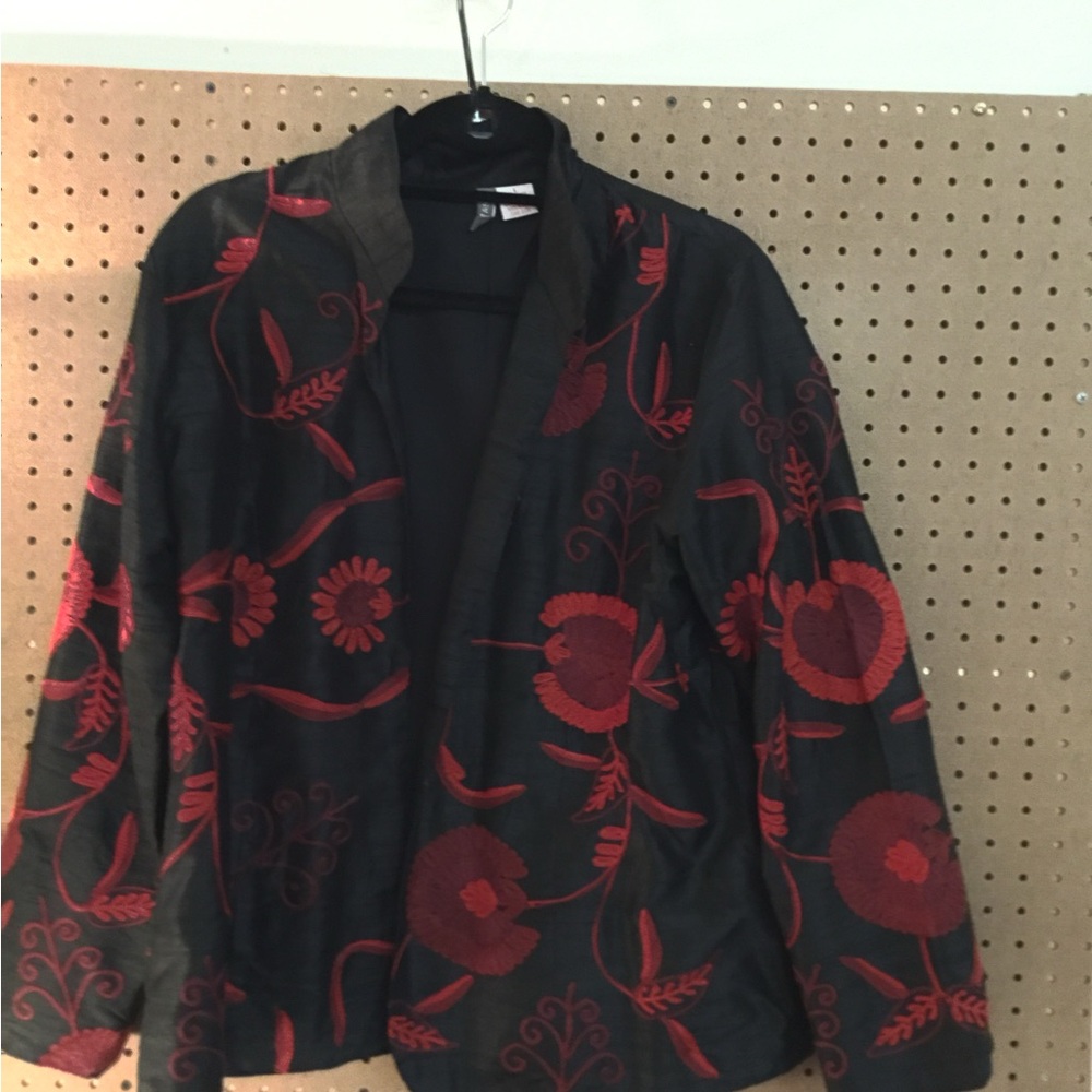 Stylish Black Silk Jacket with intricate Red Floral Embroidery